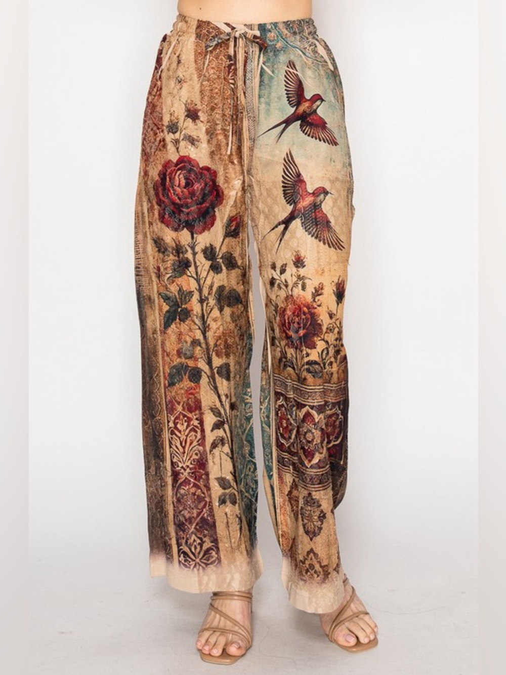 E64. Origami Boho Floral & Bird Wide-Leg Pants in Beige